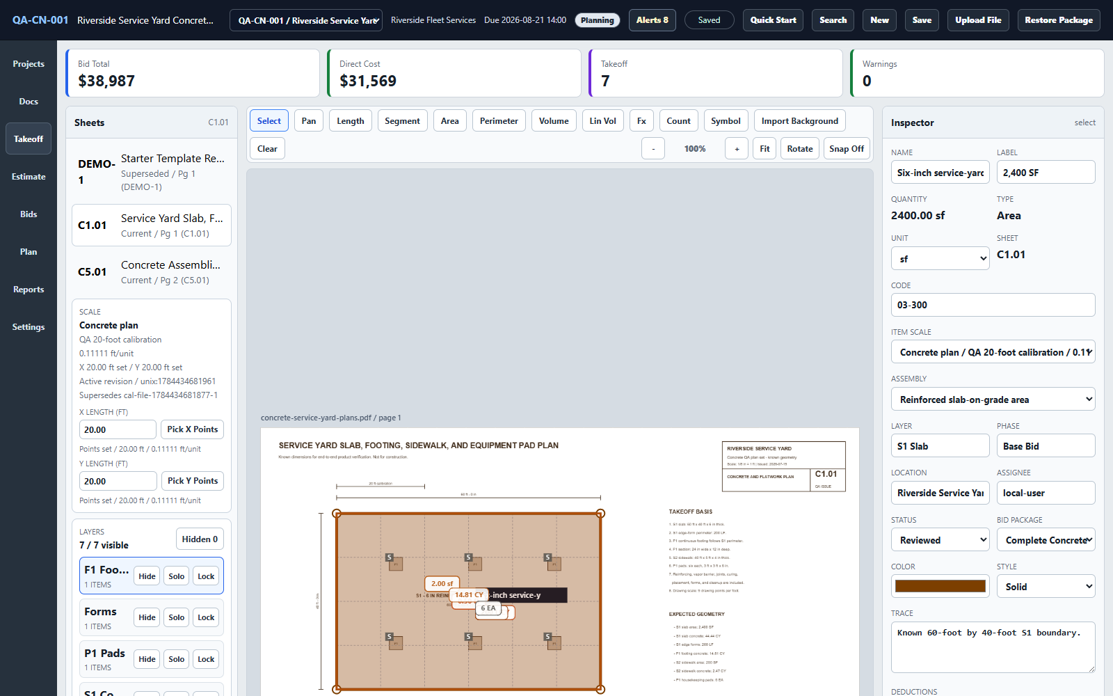 Takeoff Windows application showing source-linked concrete slab area and cubic-yard quantities beside the calibrated plan