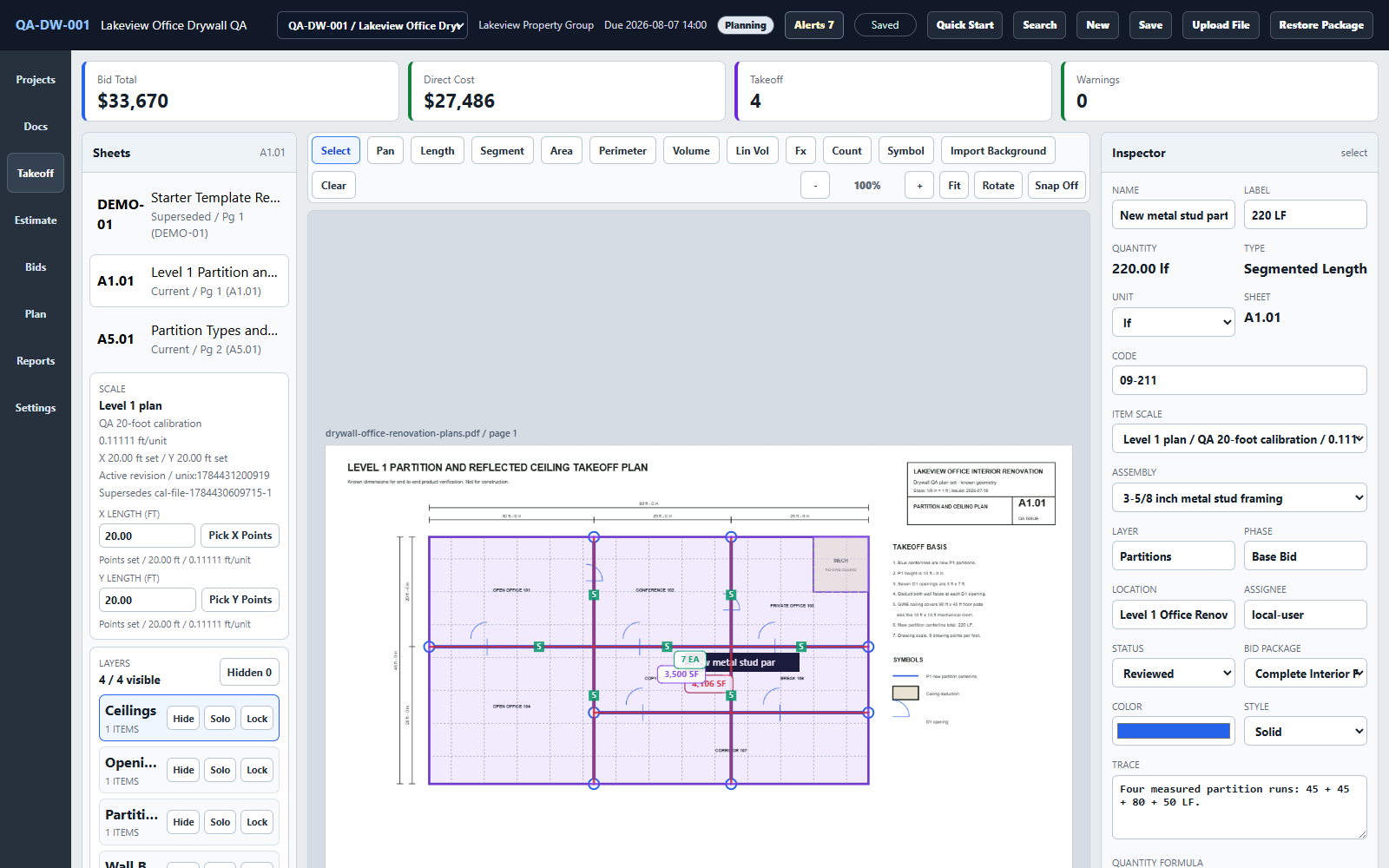 Takeoff Windows application showing calibrated drywall partition, wall-face, ceiling, and opening quantities beside the source plan