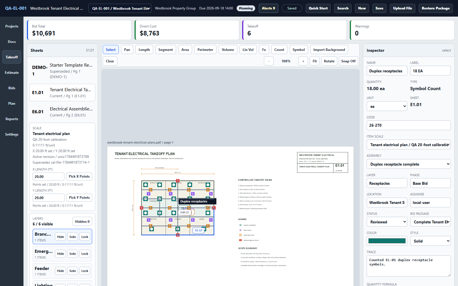 Takeoff Windows application showing counted receptacles, switches, lighting, emergency fixtures, and traced routes on a calibrated electrical plan