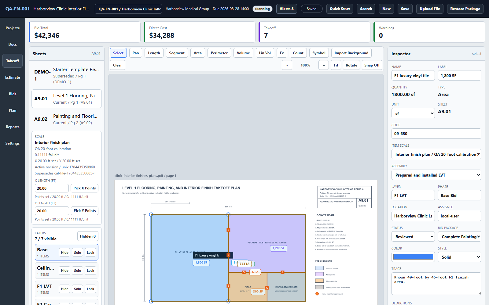 Takeoff Windows application showing calibrated LVT, carpet, tile, wall paint, ceiling paint, resilient base, and frame quantities