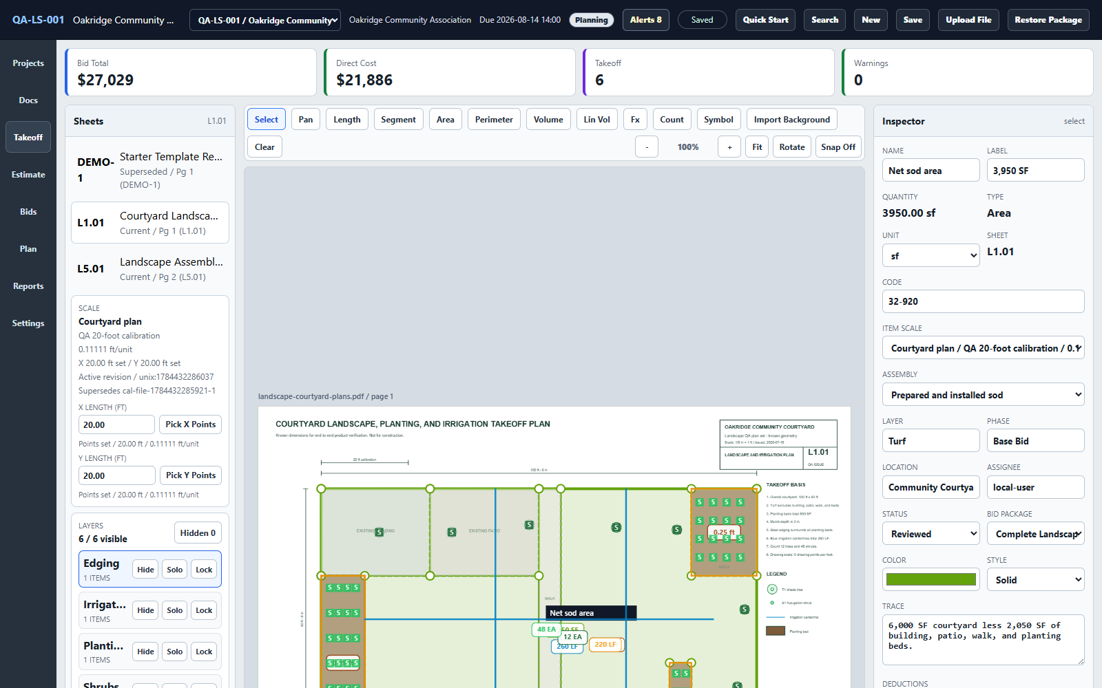 Takeoff Windows application showing calibrated landscaping areas, linear runs, and planting counts on a courtyard plan