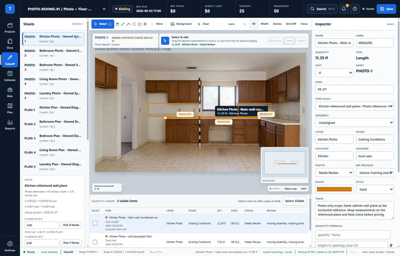 Takeoff Field Tools showing a measured countertop run on the kitchen photograph