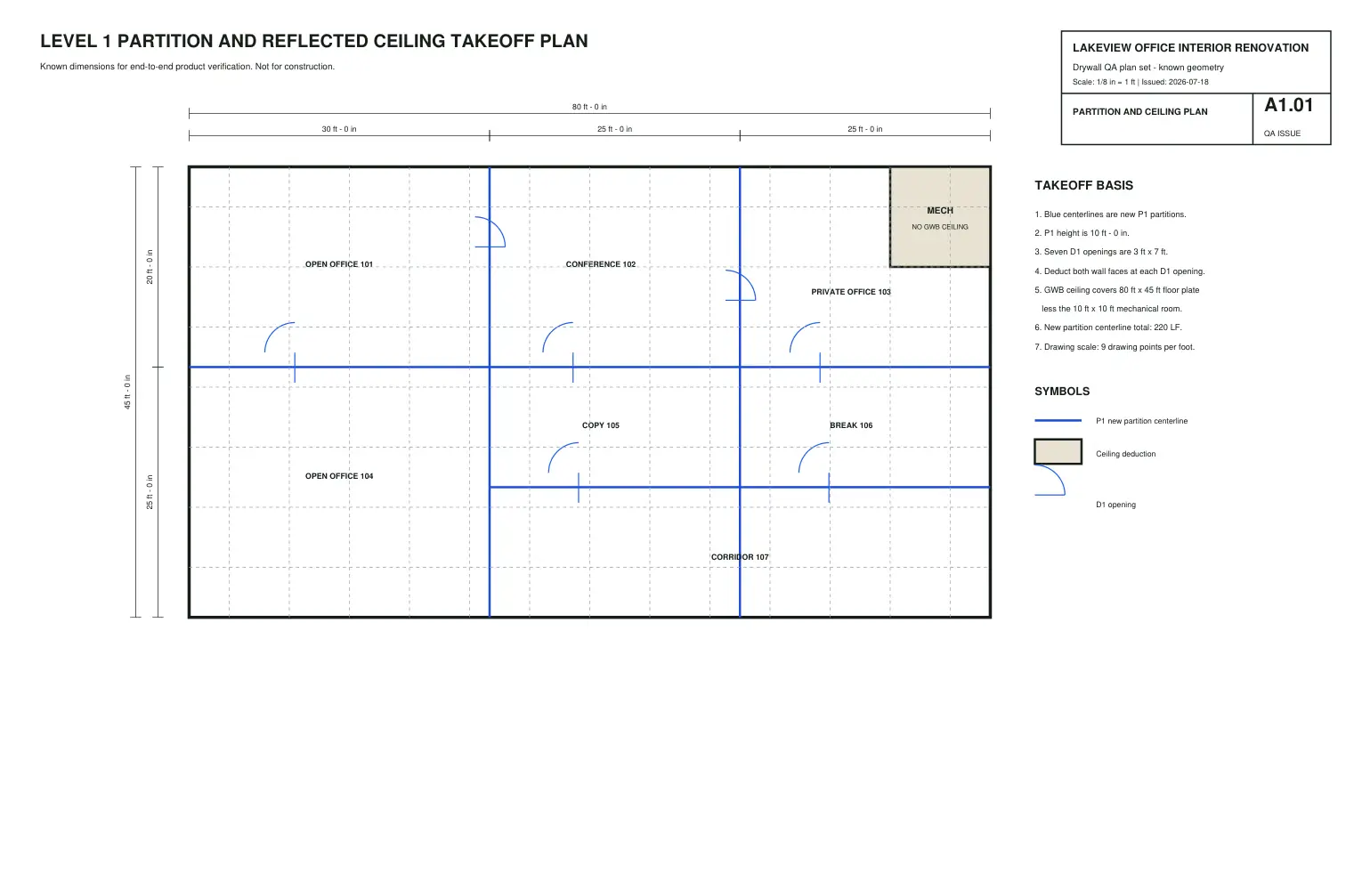 Synthetic office partition and reflected ceiling takeoff plan with known dimensions