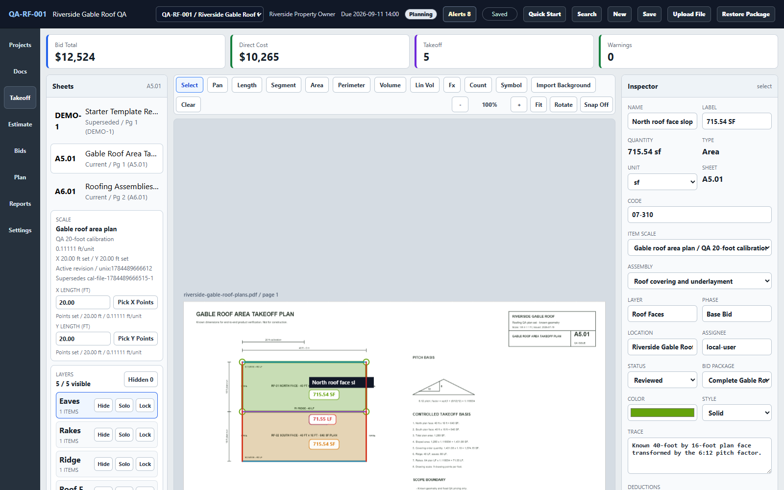 Takeoff Windows application showing two calibrated roof faces, ridge, eaves, and rake quantities on a gable-roof plan