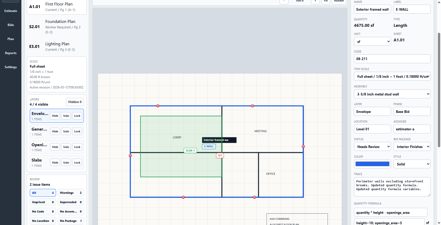 Takeoff Windows workstation with a source plan, measured quantities, estimate information, and review context visible together